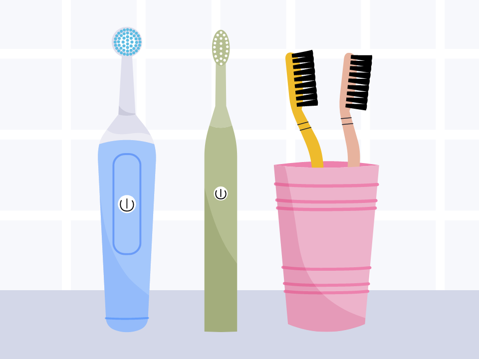 Electric and regular toothbrushes lined up