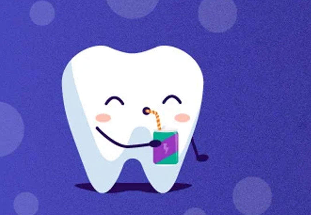 Happy tooth drinking a sports drink on a purple background with white dots