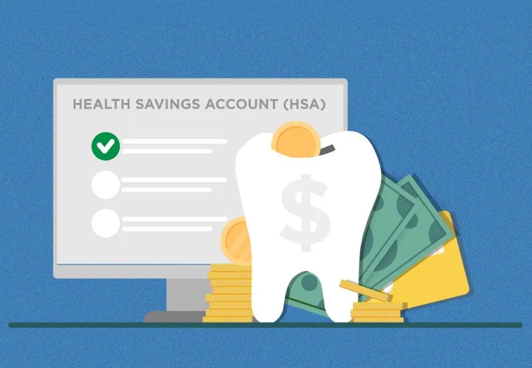 HSA checklist on a computer screen with a tooth piggy bank, cash, coins, and a credit card