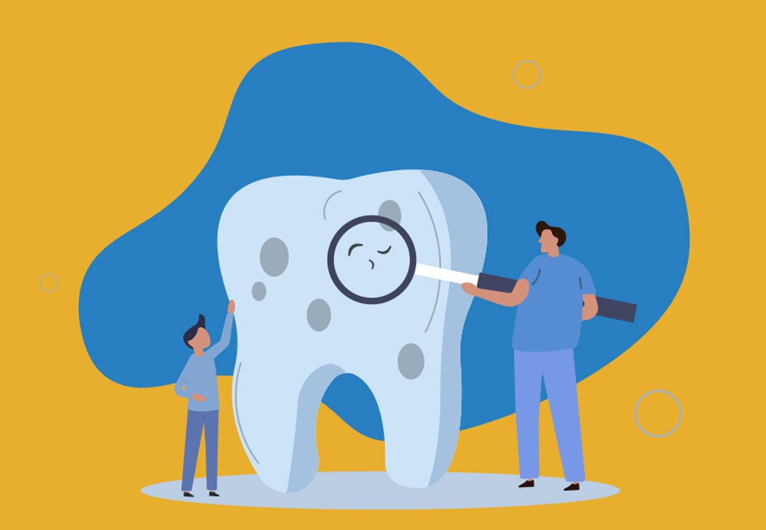 Dentist and child looking at a giant tooth with a blue and yellow background