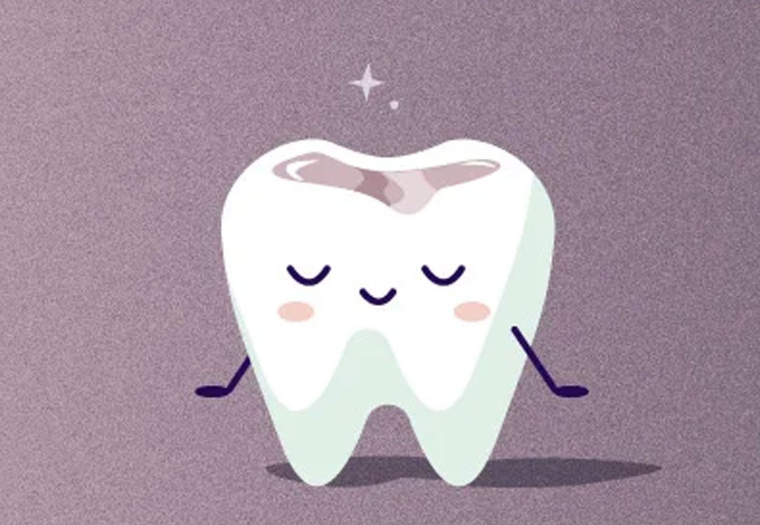 Peaceful tooth with a purple filling on a purple background