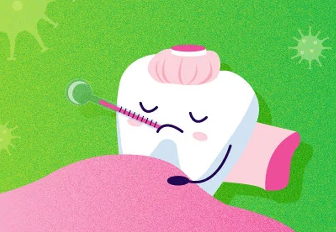 Sick tooth laying in bed with a thermometer, ice pack, pink blanket, and pink pillow on a green background with germs