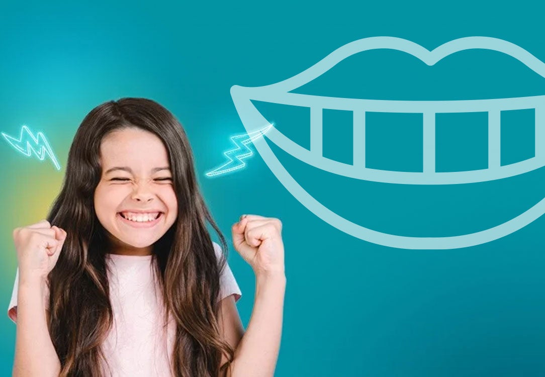 Stock photo of young girl with MBC mouth icon on teal background with lighting bolts