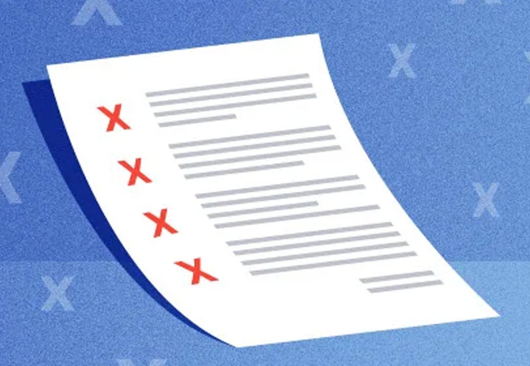Checklist on paper with red x on a blue background
