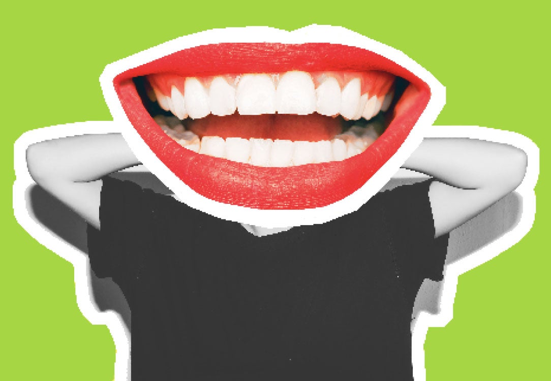 Gray person in t-shirt with a mouth stock image covering the head on a lime green background