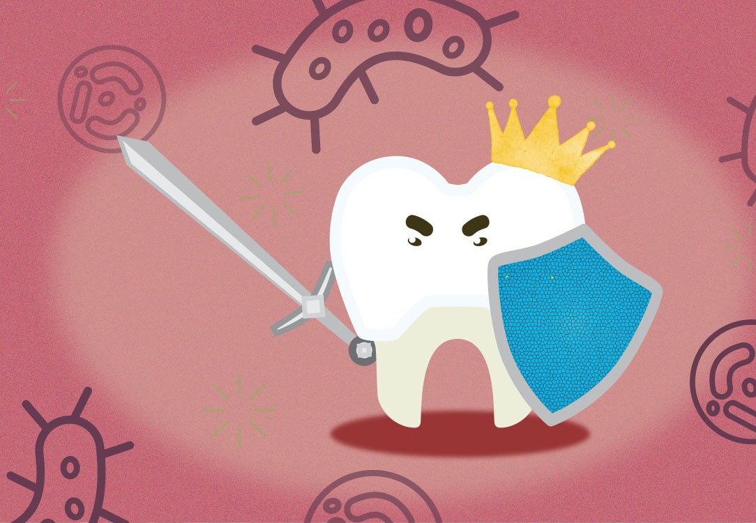 Angry tooth wearing a royal crown with sword and warrior shield