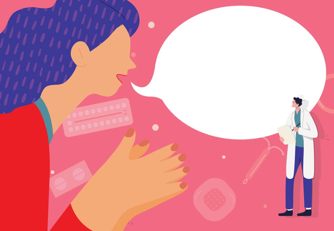 Woman with a speech bubble with dentist with birth control options on a pink background