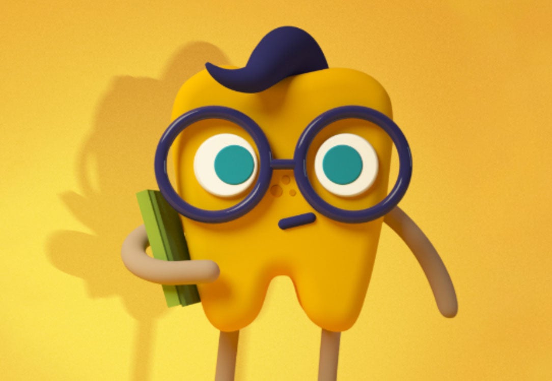 Yellow tooth with glasses holding a green book on yellow background