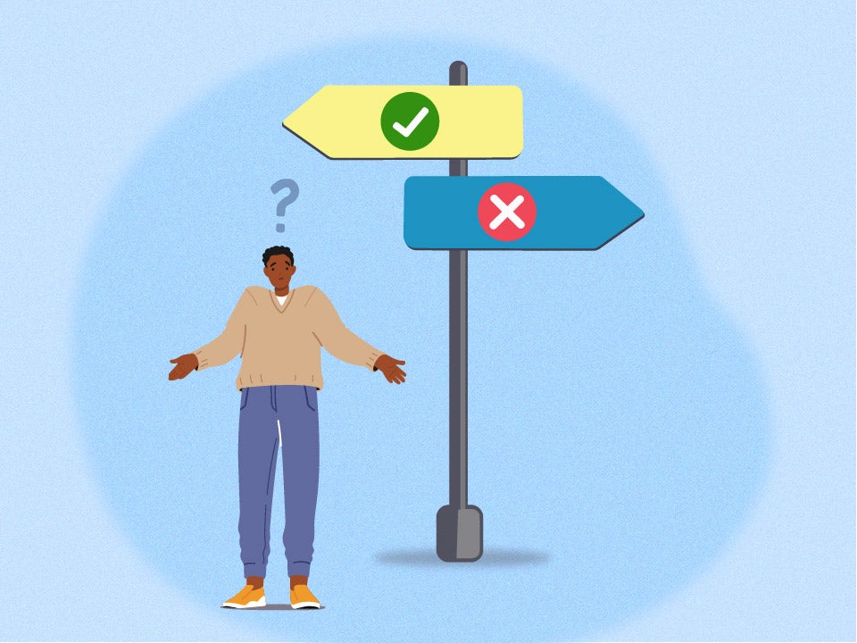 Person confused in front of signs