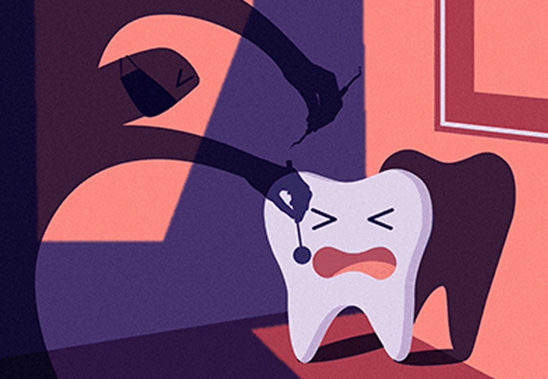 Scared tooth in corner with a scary dentist with tools in hand