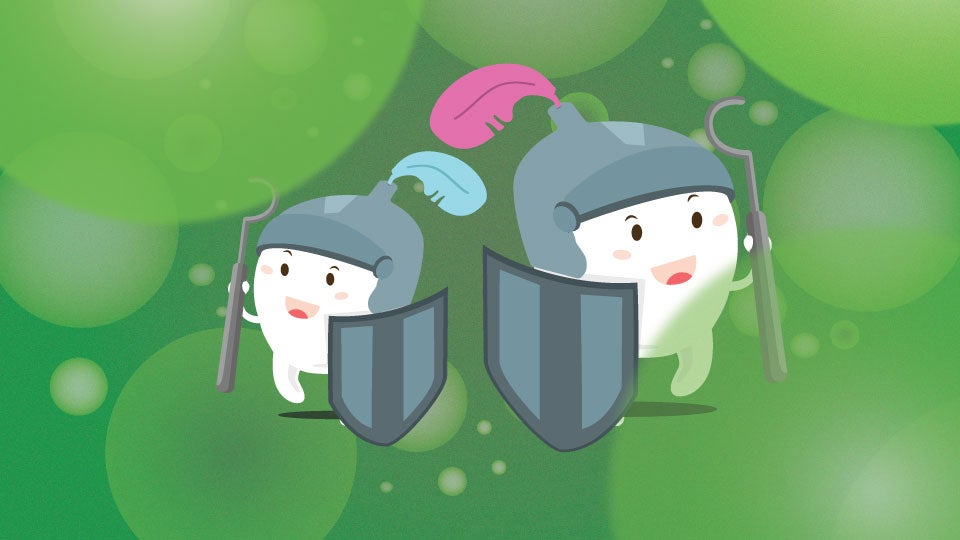 pair of teeth with armor fighting bacteria