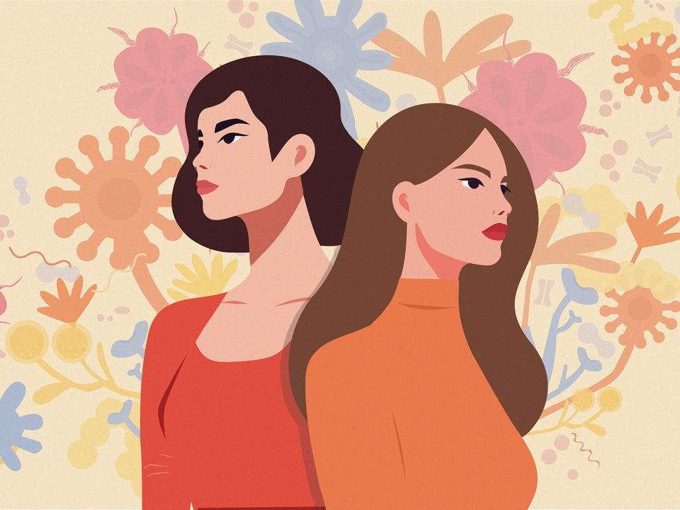 Two women looking left and right