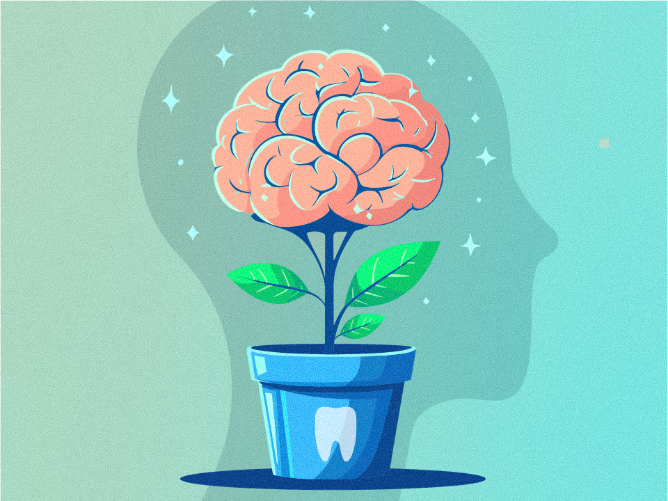brain growing out of a potted plant with shadow of a head