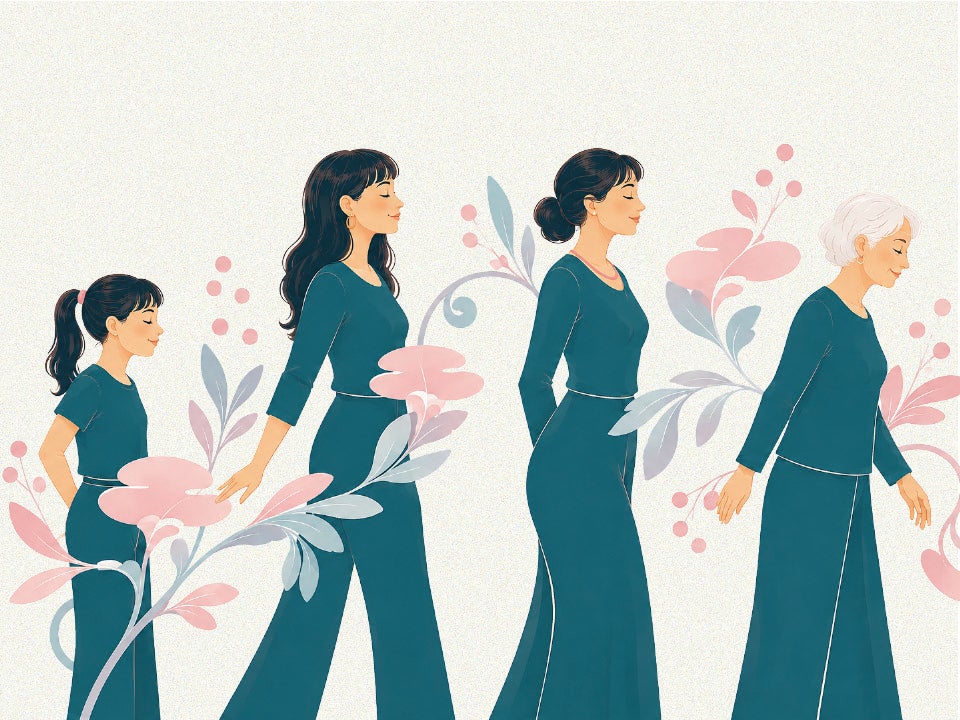woman growing up through various life stages