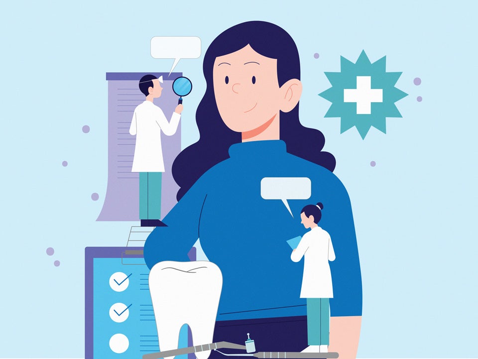 Woman in blue getting inspected by doctors and dentists